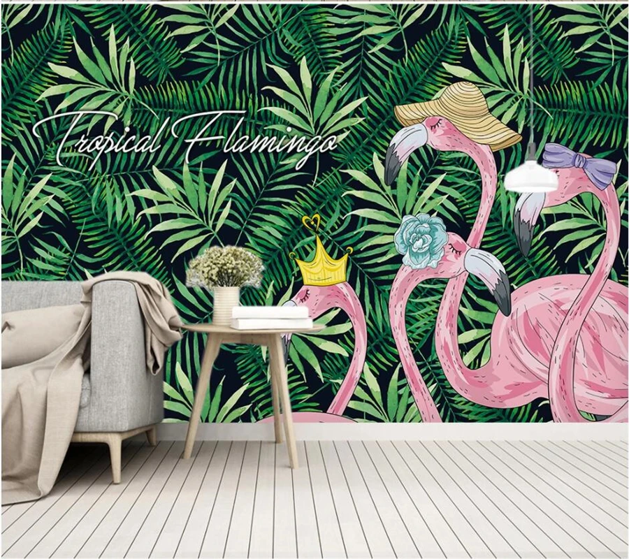 

Custom wallpaper 3d mural tropical rainforest plant banana leaf flamingo idyllic papel de parede mural TV background wall paper