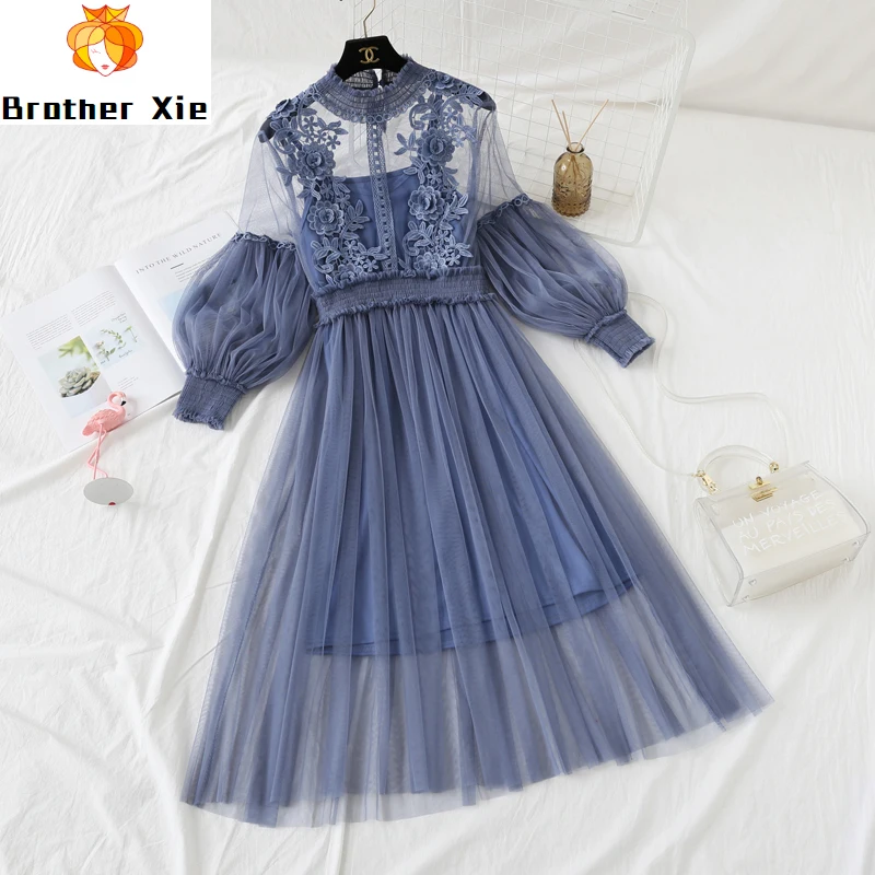 

Summer 2020 Sweet Women Midi Dress Elegant Appliques Flower Floral Mesh Patchwork Vestidos Verano Lantern Sleeve Female Dress