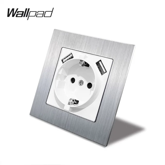 Double EU Schuko Power Socket with Double USB Charging Ports 5.1DC 2.1A For EU Round Box Wallpad 156*86mm EU Outlet with USB 1 Metal Silver White