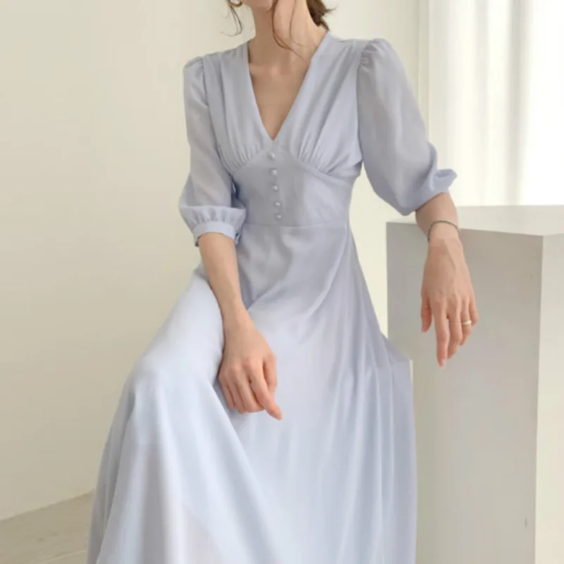 

Women Summer Long Chiffon Dress Sexy Deep V Neck A-line Vestidos Robe Longue Femme Ete Slim Sukienki Elegant Jurken Sukienka