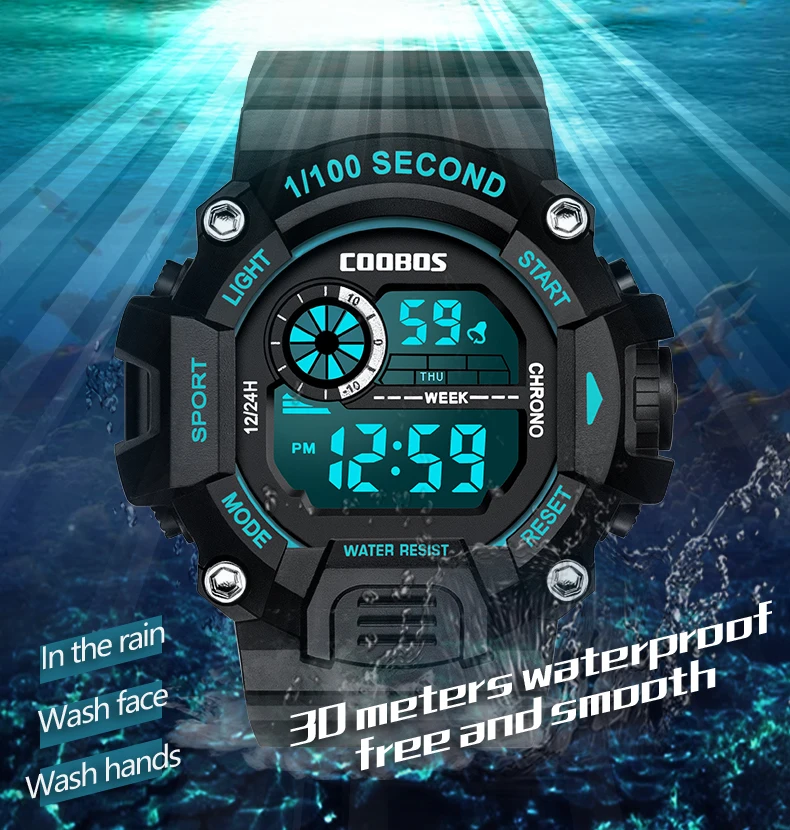Coobos Men Digital Watch 2022 Birthday Gift Silicone Strap 1/100 Second Sport Clock Green Light Waterproof Wrist Watches for Man