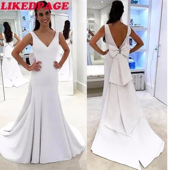 

LIKEDPAGE V-neck Cheap Long Gown Satin Bridal Gowns Backless 2020 Wedding Dresses white Mermaid Bridal Gown vestido de noiva