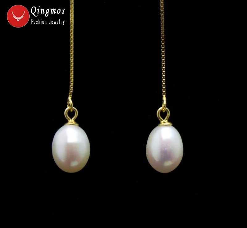 

Qingmos White 7*9mm Drop Sea Shell Pearl Earrings for Women with Gold-Color Sterling Silver S925 4'' Ear Line Dangle Earring 659