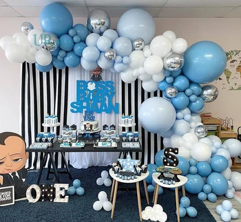 

148 pcs balloon garland White latex and Double maca blue and sliver 4D balloons for boy baby shower birthday anniversaries