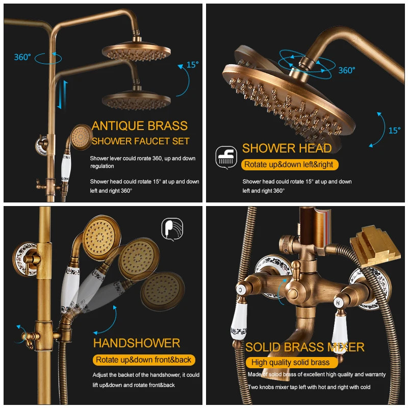 quyanre wanfan gappo antique brass shower faucets set brass shower head ceramic handshower swivel tub spout 3-way mixer tap wall mounted bathroom shower faucet kit