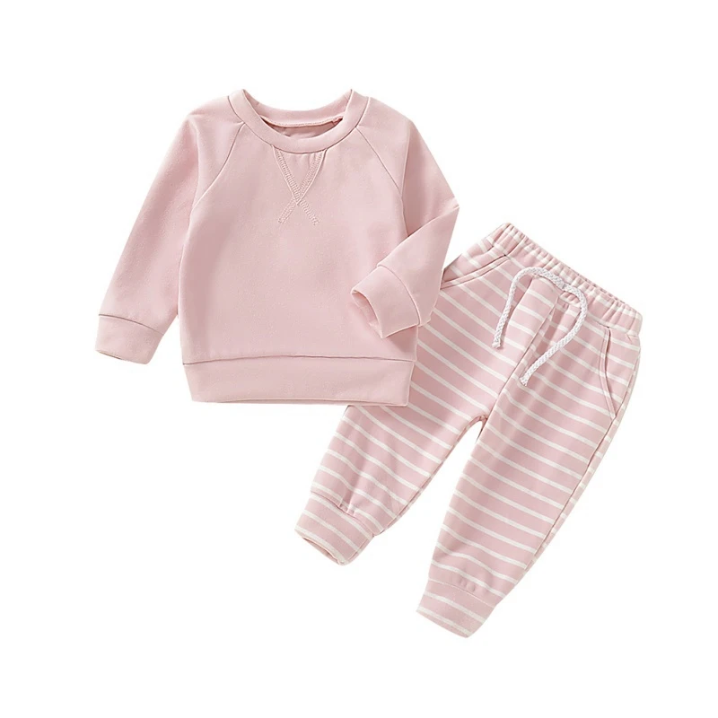 Весенне-осенние комплекты для маленьких мальчиков и девочек; детская одежда в полоску; комплекты из футболки и штанов для малышей - Цвет: Розовый