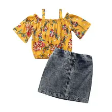 Детская футболка с открытыми плечами и цветочным принтом для маленьких девочек топы+ джинсовая мини-юбка комплекты из 2 предметов модная Милая одежда принцессы для детей возрастом от 1 года до 6 лет