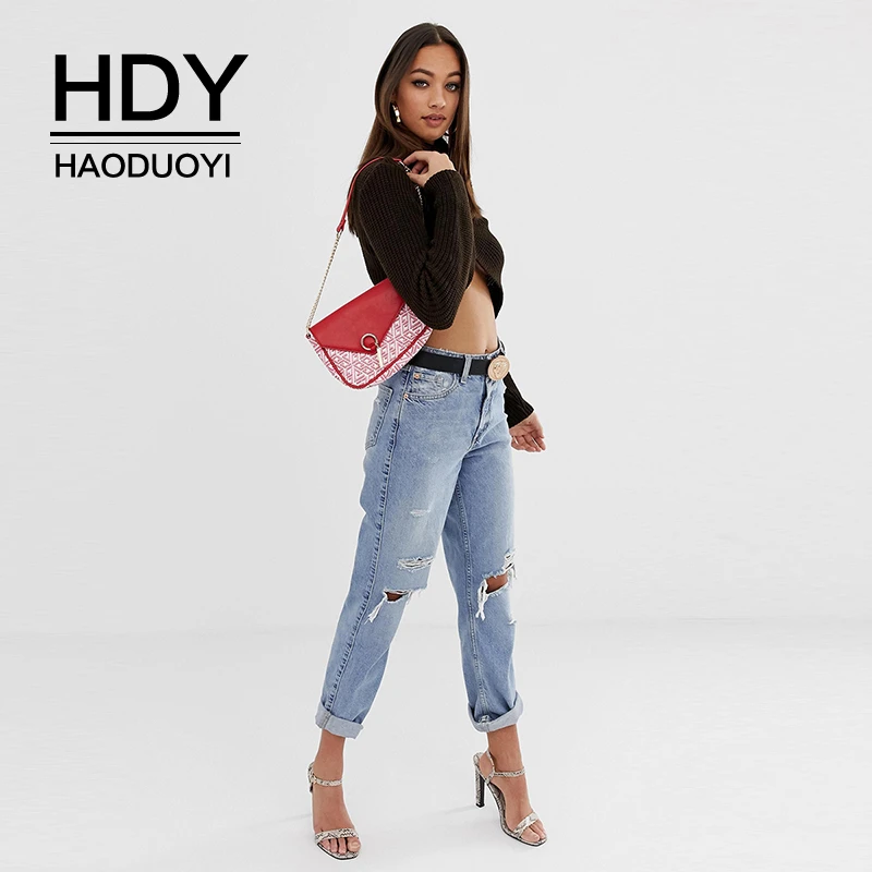 

HDY Haoduoyi New Women Solid Turtleneck Fashion Sexy Long Sleeve Casual Knit Roller Collar Short Autumn Pullover Sweater