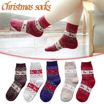 

5-Pairs Casual Winter Warm Cartoon Cotton Socks Christmas Xmas Gift Fashion Adult Women Middle Tube Stockings Wholesale 2021