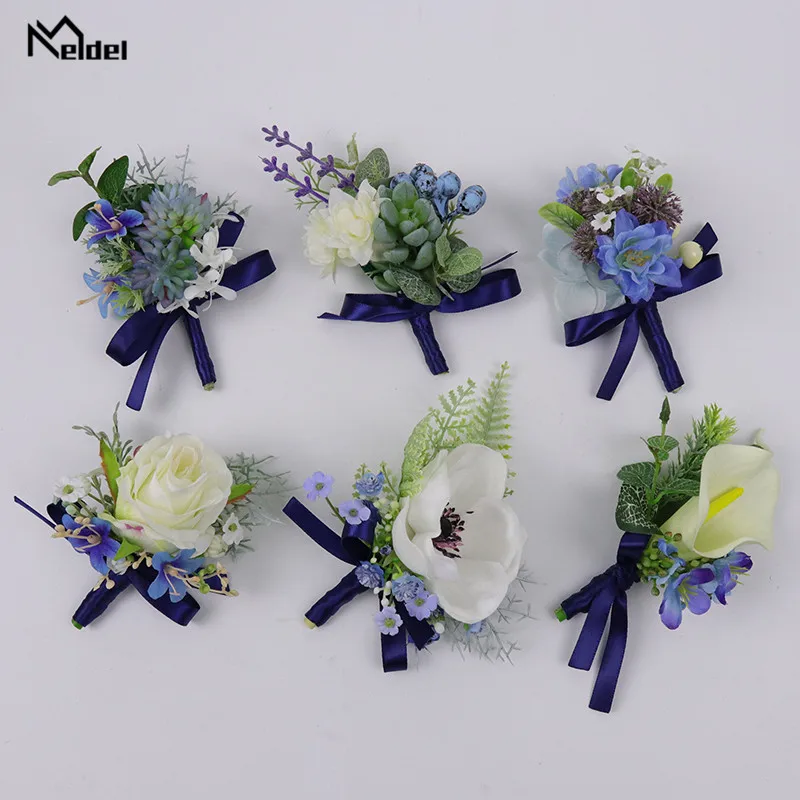 

Meldel White Blue Groomsmen Boutonniere Wrist Corsages for Bridesmaids Men Brooch Pins Girl Corsage Bracelet Wedding Silk Flower