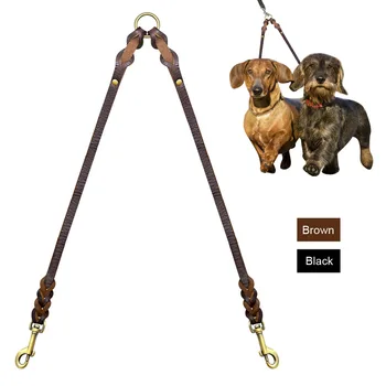 

High Quality Pet Dog Braid Leash Genuine Leather Pet Double Leashes 2 Way Anti-rust Pets Walking Strap For 2 Dogs Black Brown