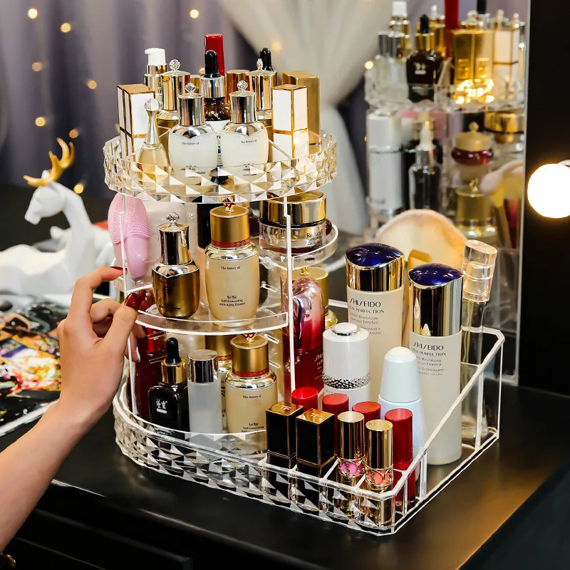 

Rotating Cosmetic Storage Box Transparent Acrylic Makeup Organizer Desktop Spin Detachable Lipstick Skin Care Beauty Organizer