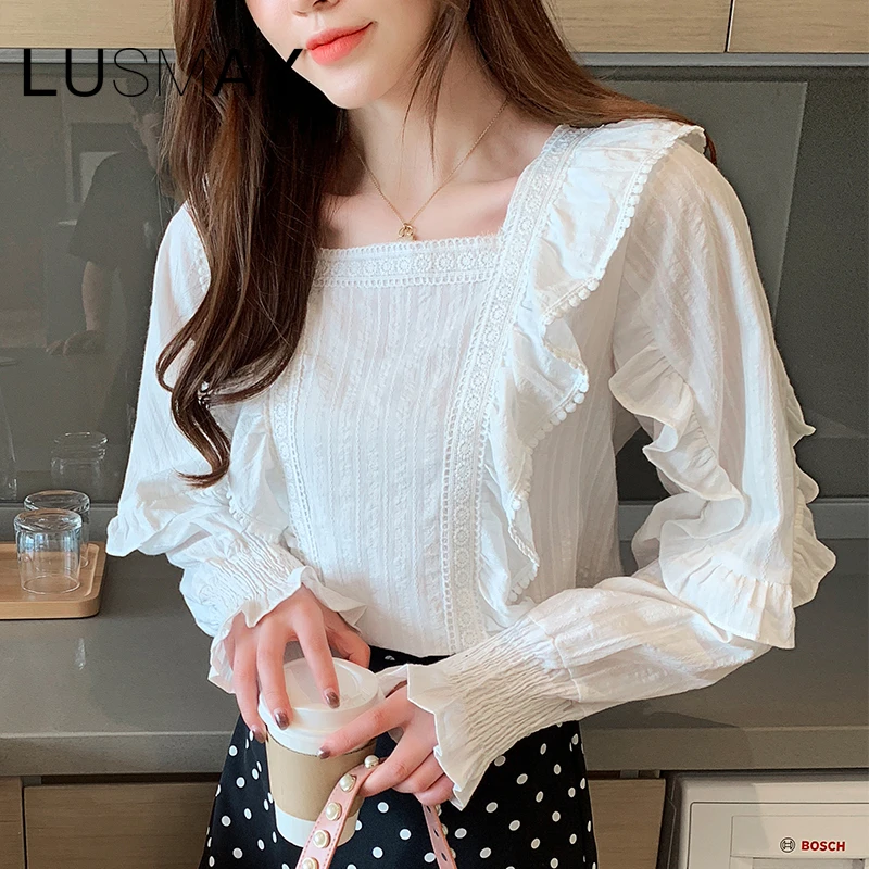 white long sleeve ruffle top