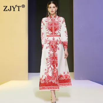 

Elegant Lady Long Runway Dress 2020 Spring New Fashion Woman Clothes Full Sleeve Beading Neck Vintage Print Aline Vacation Dress