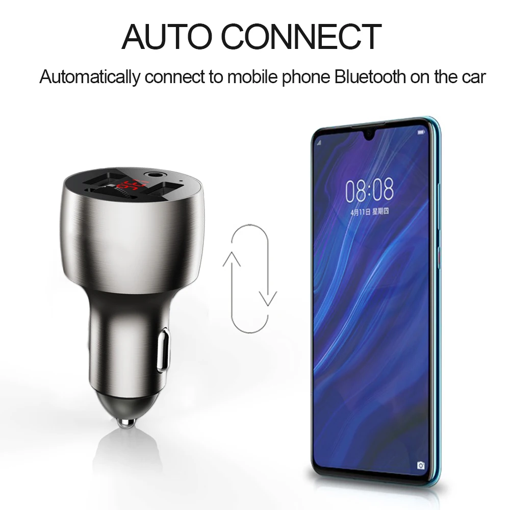 AUX 블루투스 5.0 FM 송신기 무선 변조기, 듀얼 USB 차량용 충전기, 핸즈프리 차량용 MP3 플레이어, 알루미늄 합금 본체, 3.5mm, 4.8A