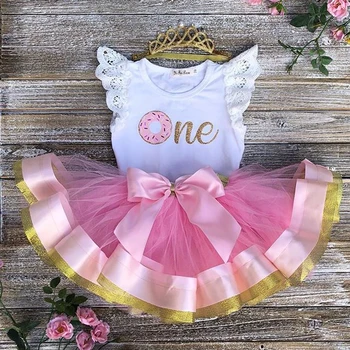 

0-24M one printed Lace sleeve Bodysuits+Ball gown Mesh Skirts 2pcs clothing set for new borin infant baby girls summer clothes