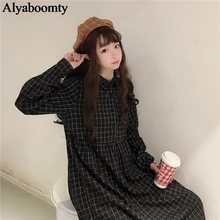 Японское консервативное стильное осенне-зимнее женское платье с отложным воротником в черную клетку vestidos винтажное милое платье для девочек