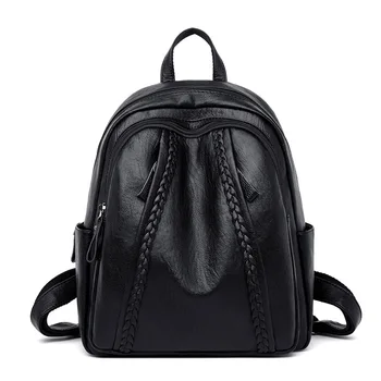 

Vintage Weaving Decoration Backpack Women PU Leather Waterproof Double Zipper Shoulder Bag Office Lady Travel Computer Daypack