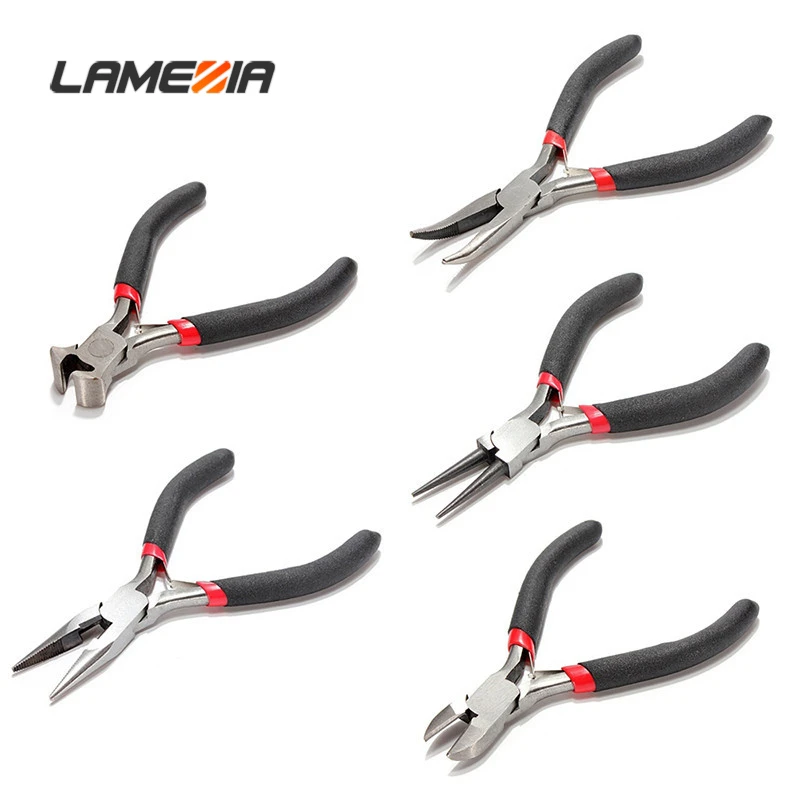 

LAMEZIA 5pcs Mini Jewellery Pliers Set Cutter Chain Round Bent Needle Nose Beading Making Repair Kit Wire Stripper DIY Tools