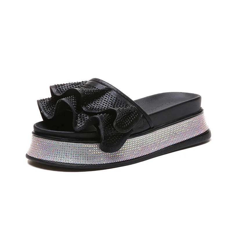 

Fashion Man-made Diamond Platform Heel Sandals 2019 Spring And Summer Thick Bottomed Sandals Slimming Extra High Flounced Feathe