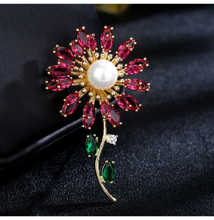 Luxury AAA Zircon Rose Sunflower Dandelion Brooches Pins Jewelry Rhinestone Cubic Zirconias Brooch for Women Wedding Bouquet Pin