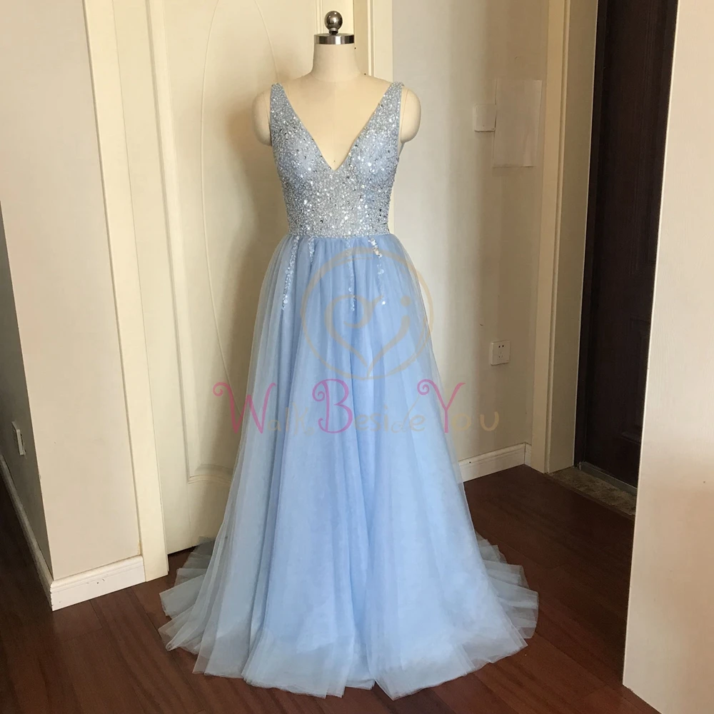 Beading Prom Dresses 2020 V neck Pink High Split Tulle Sweep Train Sleeveless Evening Gown A-line Lace Up Backless Vestido De Beading Prom Dresses 2020 V neck Pink High Split Tulle Sweep Train Sleeveless Evening Gown A-line Lace Up Backless Vestido De
