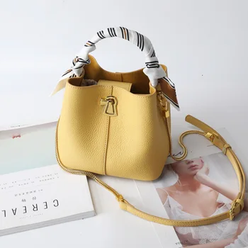 

Silk Scarves Bucket Bag Women's Bag 2020 New Style Fashion Genuine Leather Women's Chain One-Shoulder Handbag