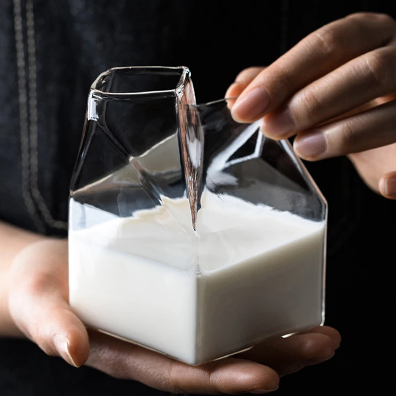 Square Milk Glass Milk Box Glass coffee mug Half Pint Coffee Glass Juice Cups Pure Handmade Crafts Mini Creamer Jug