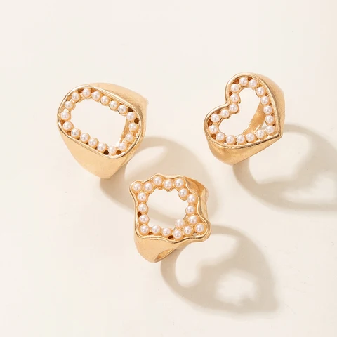 3pcs/sets Luxury Pearl Stone Heart Joint Ring Sets for Women Hollow Geometric Gold Color Alloy Metal Jewelry 18149