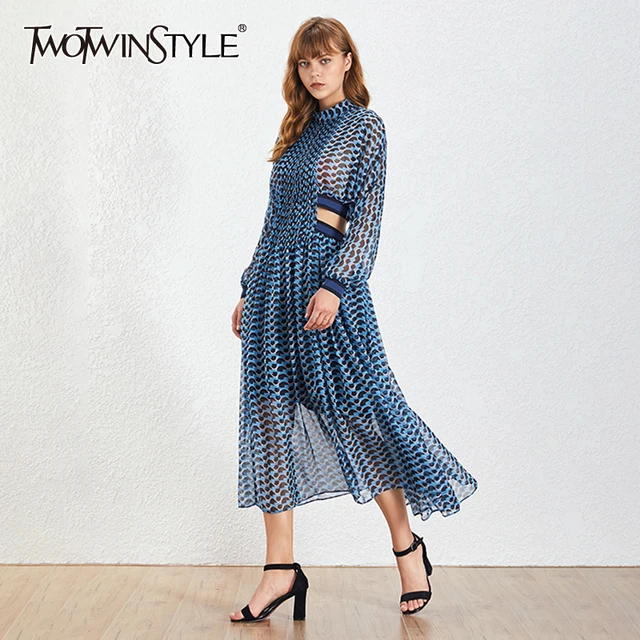 TWOTWINSTYLE Vintage Hollow Out Dress For Female Stand Collar Long Sleeve High Waist Print Elegant Dresses Women 2021 Spring 1