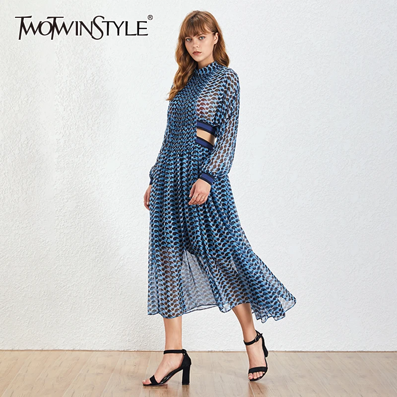 TWOTWINSTYLE Vintage Hollow Out Dress For Female Stand Collar Long Sleeve High Waist Print Elegant Dresses Women 2021 Spring