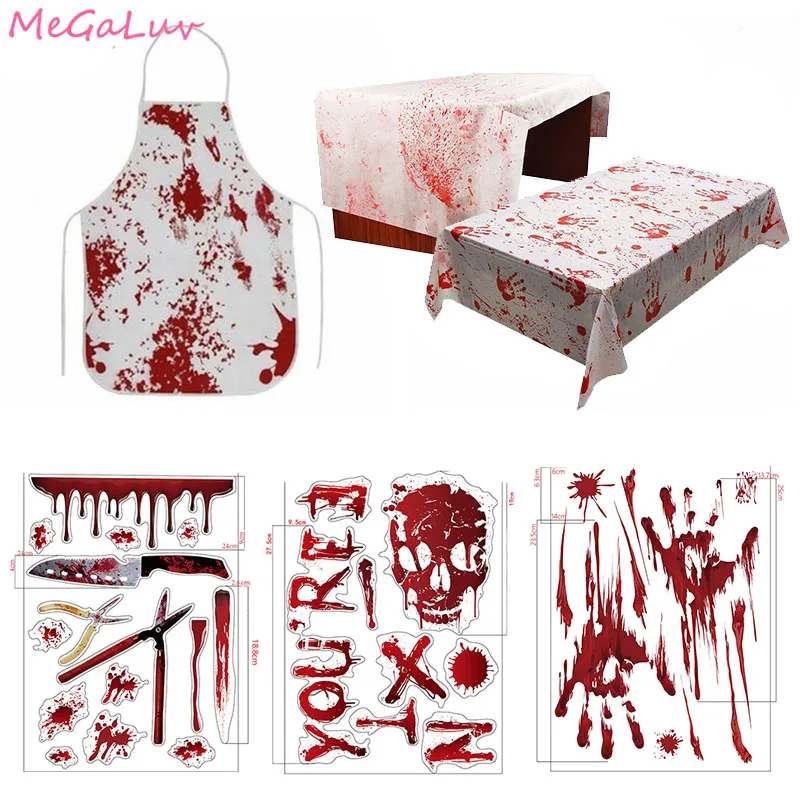 1 Bloody Weapons Banner 1 Halloween Bloody tablecloth Halloween Bloody Creepy Decorations 4 Halloween Bloody Window Sticker Wall Sticker 2 Halloween Bloody Curtains Halloween Outdoor Decorations