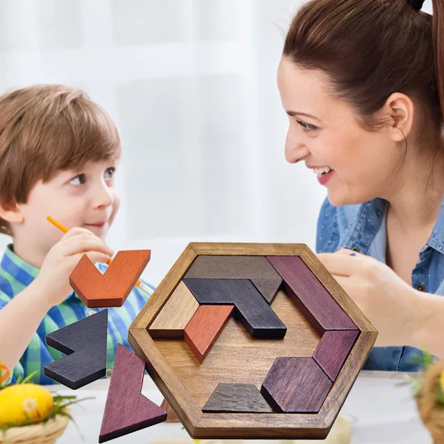 Hexagonal Wooden Geometric Shape Jigsaw Puzzles Chess Game Board Montessori Toys Educational Intelligence Toys 6