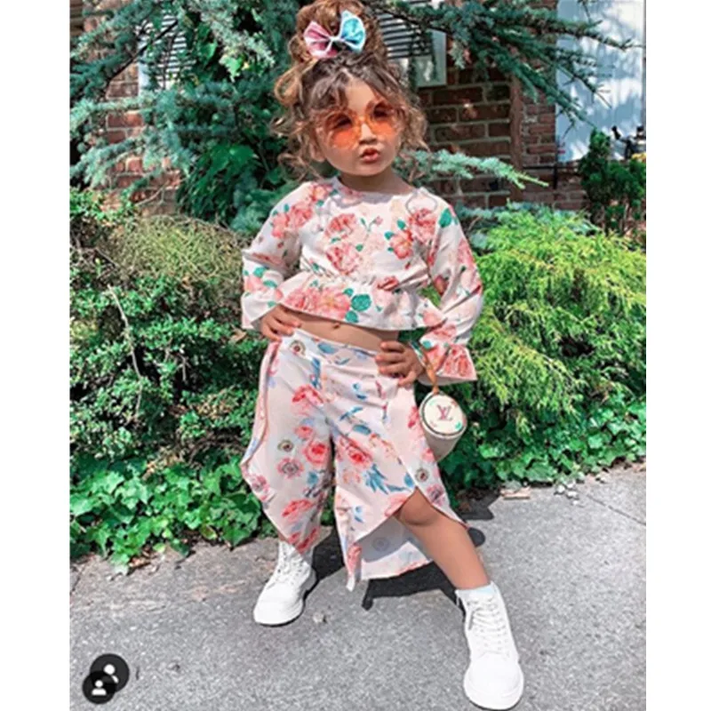 

cheap 2020 new Girl spring Fall Outfit Cute Floral Print Flare Sleeve Ruffle Top+Slit Pants Set fashion casual children clothing