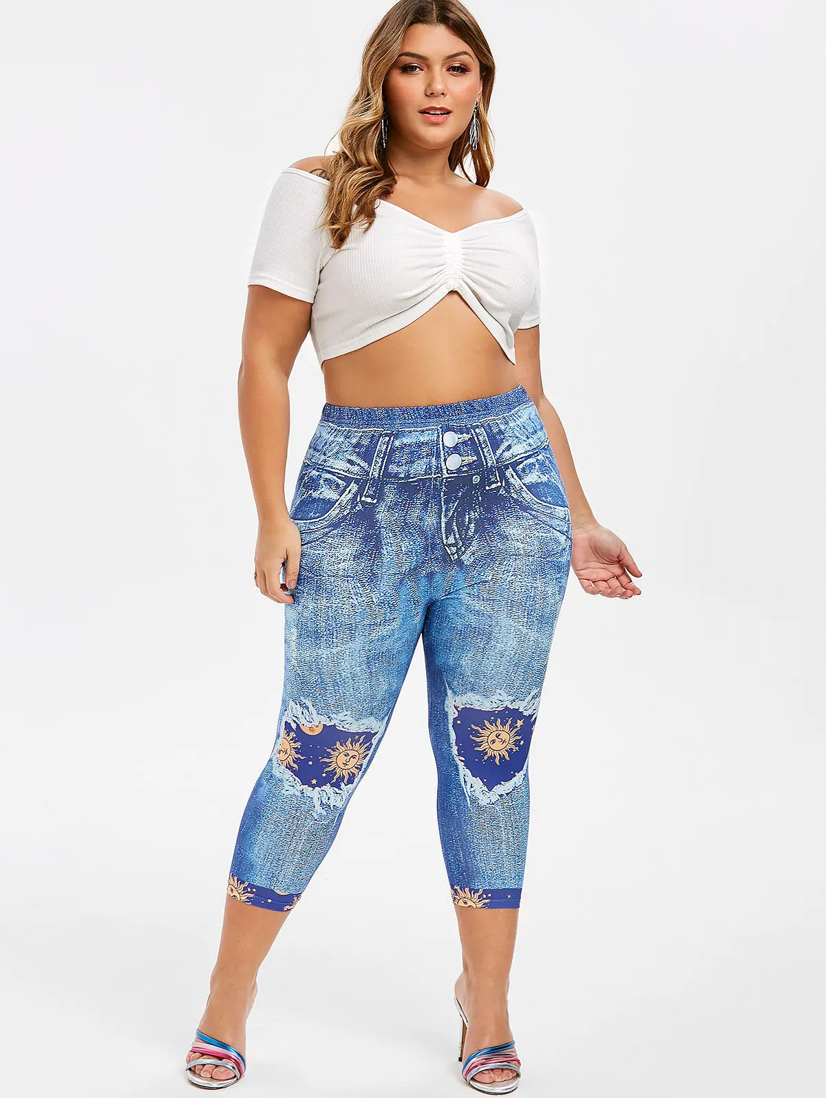 

ROSEGAL Plus Size Sun And Moon Star Print Capri Skinny Leggings 3D Jean Print High Elastic Waist Leggings Prevalent For Women