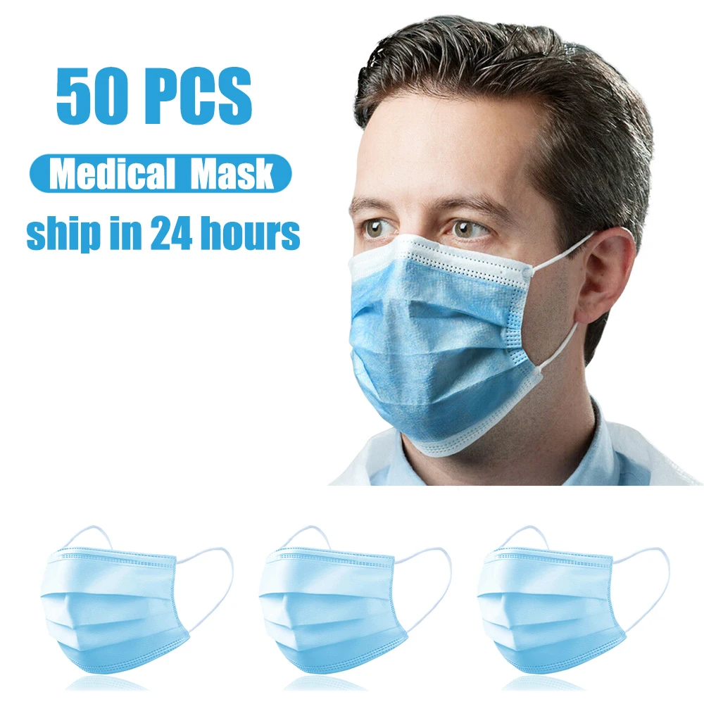 

Face Mask 50 Pcs/Pack Medical 3-Ply Surgical PM2.5 Nonwoven Disposable Elastic Mouth Anti-virus Soft Breathable Flu Hygiene Mask