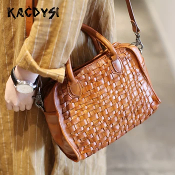 

Nature Cow Leather Handmade Hand-woven Women Handbag Knitting Tote Bag Braiding Vintage Classic Cross Shoulder Bag Messenger Bag