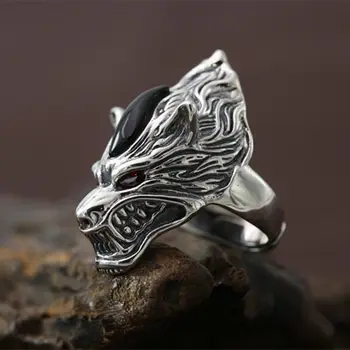 

Gothic Silver 925 Wolf Wide Band Finger Rings Men Top Craft Cool 925 Sterling Silver Jewelry Men Thai Silver Ring Free Box Gifts