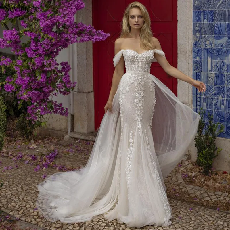 

Sevintage Off the Shoulder Mermaid Lace Wedding Dresses With Detachable Skirt Plus Size Bridal Gowns Custom Made Robes De Mariйe