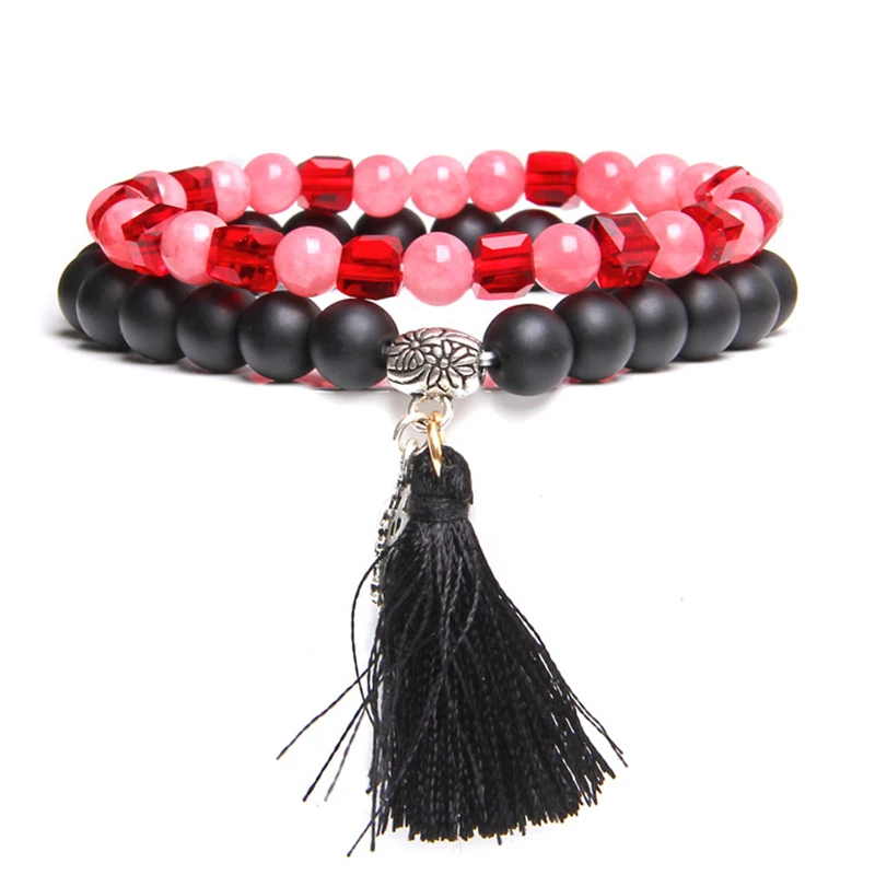2pcs/set Women Bracelet Beautiful Multicolor Natural Stone Chalcedony &amp Onyx Beads Tassel Charm Prayer Jewelry | Украшения и