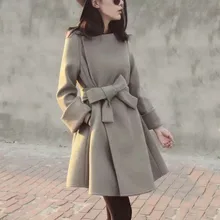 Женское осенне-зимнее шерстяное одноцветное пальто, приталенное пальто с высокой талией и бантом на поясе, повседневное длинное английское пальто с длинными рукавами