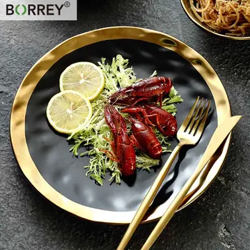 

BORREY Ceramic Dinner Plate Fruit Salad Bowl Ins Dinner Dish White Dinner Gold Inlay Plates Food Serving Porcelain Tableware Set