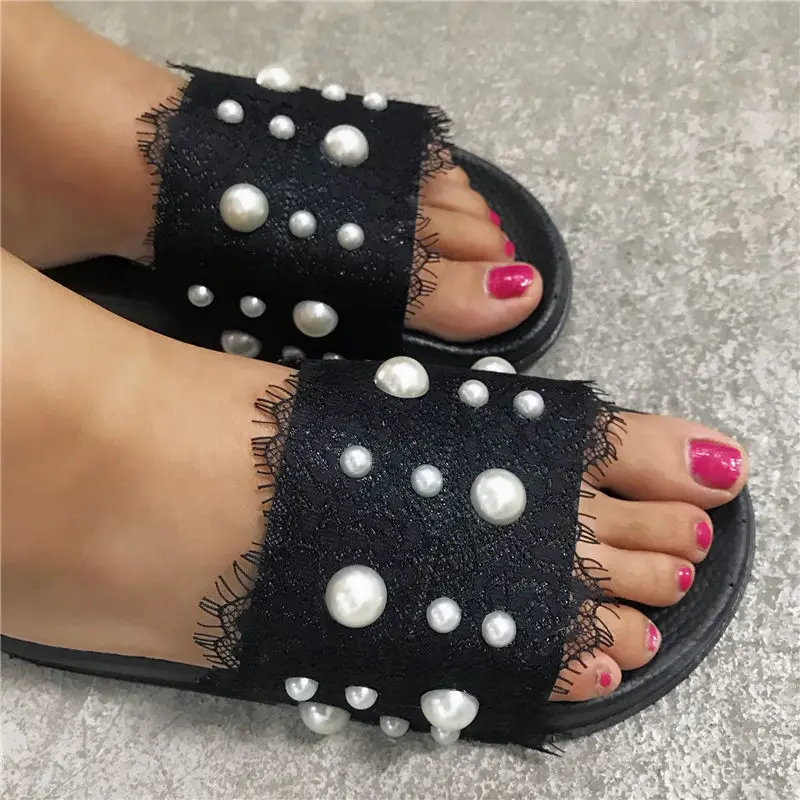 

Fashion Women's Pearl Flat Slippers Ladies Home Slippers Female Beach Slides Sandals Lace Casual Shoes Slip On Slipper