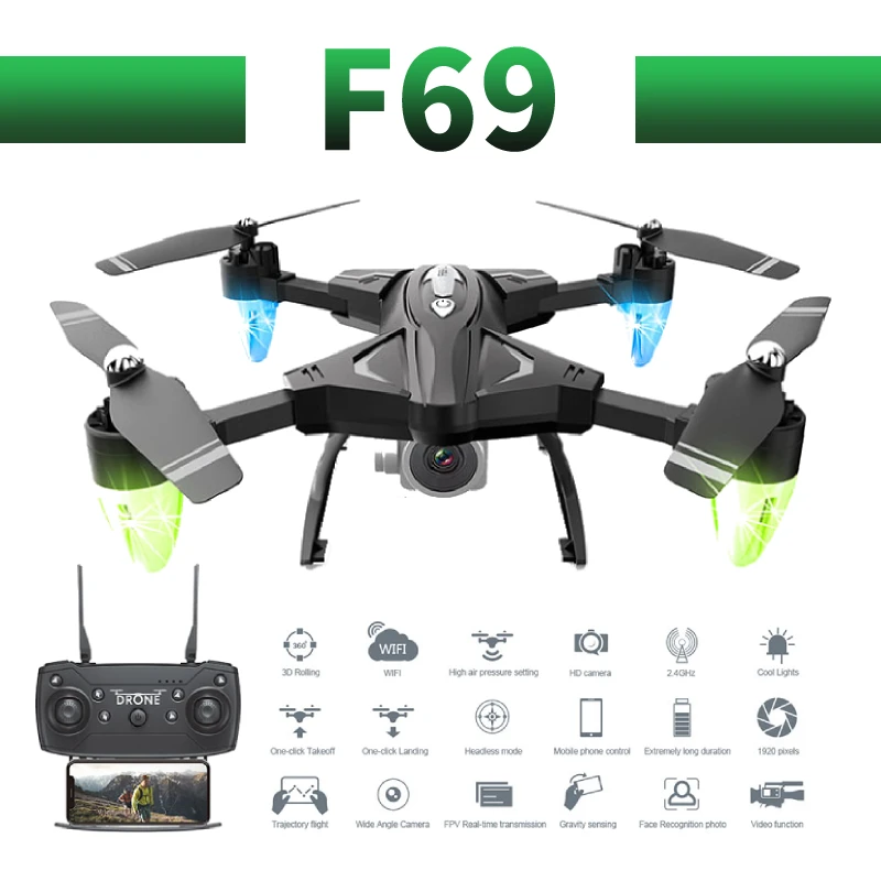 

F69 profissional wide angle camera drone 1080p HD WiFi FPV Brush motor propeller Long Battery air RC dron Quadcopter