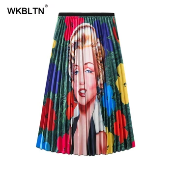 

Pleated High Waist Half Length Elastic Skirt Marilyn Monroe Printed Women Elegant Skirt 2020 Spring Summer Vintage Midi Skirt