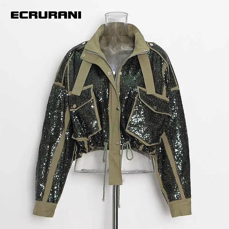 ECRURANI Green Patchwork Coat For Women Turtleneck Long Sleeve Hit Color Zipper Coats Females Fashion Summer Clothing 2022 Style zazomde american style vintage contrast color plaid cardigan stand collar zipper sweaters harajuku turtleneck jumpers winter men