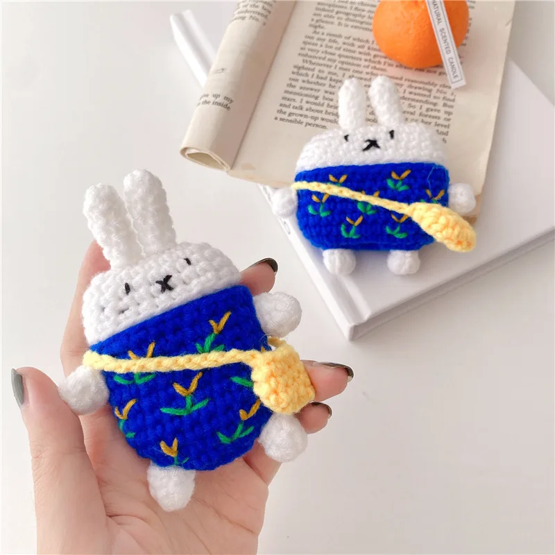 

Knitted backpack rabbit 3D Case For AirPods 1 2 Pro Box Soft Plush Wireless Bluetooth Earphone Protect Cover Funda Pouch Bag
