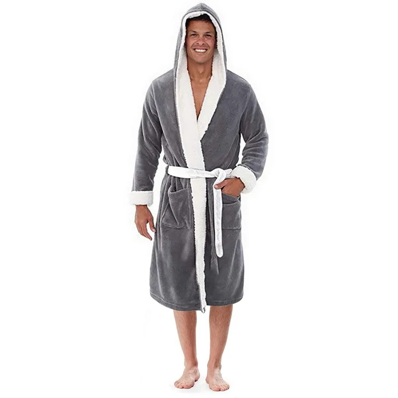 silk sleepwear Universal FashionMen's Long Sleeve Hooded Bathrobe Soft Lounge Wear Housecoat Winter Warm Gown Robe mens pjs set Men's Sleep & Lounge