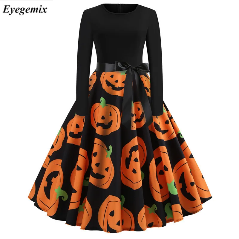

2019 Halloween Long Sleeve Vintage Dress Fashion Women Elegant Skull Print Evening Party Dresses Sexy Slim Dresses Vestidos