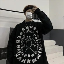 

Black Sweater Oversize Itself Cartoon Bear Pattern Jacquard Streetwear Men Clothing Korean Fashion Knitted Christmas Pullover